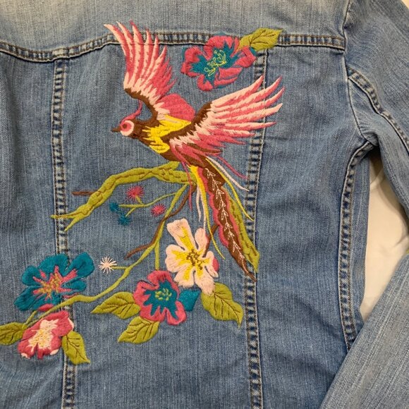 VTG Peacock Embroider Jean Jacket Extra Long Sleeves Y2K Fairygrunge dopamine - Picture 13 of 15